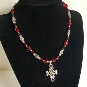 Faceted Red Glass Beads & Silver Boho Necklace Celtic Knot Pendant Cookie Lee